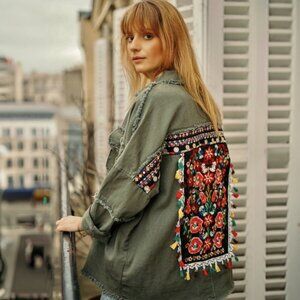 Jubylee Bohemian Floral Embroidered Frayed Hem Jacket Multicolor Women One Size